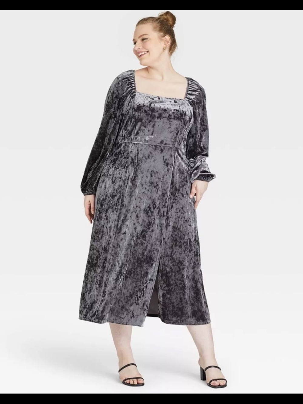 Ava & Viv Crushed Velvet Square-Neck Midi Dress in Charcoal